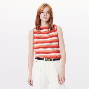 Victoria Beckham Red Orange White Stripe Cotton Blend Sleeveless Knit Sweater